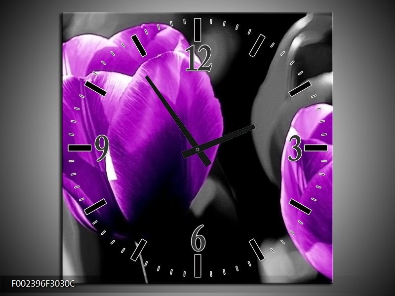Wandklok op Canvas Tulp | Kleur: Paars, Grijs, Zwart | F002396C