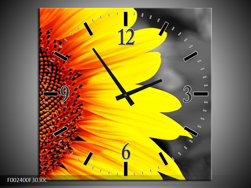 Wandklok op Canvas Zonnebloem | Kleur: Geel, Bruin, Grijs | F002400C
