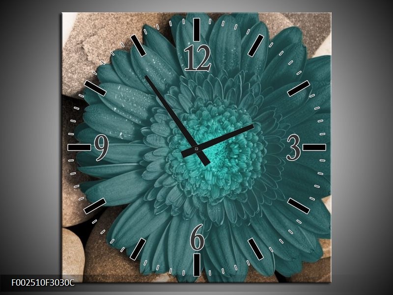 Wandklok op Canvas Bloem | Kleur: Blauw, Grijs, Wit | F002510C