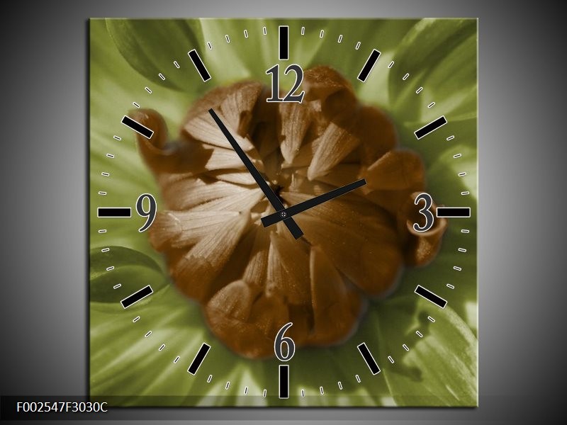 Wandklok op Canvas Bloem | Kleur: Groen, Bruin, Wit | F002547C