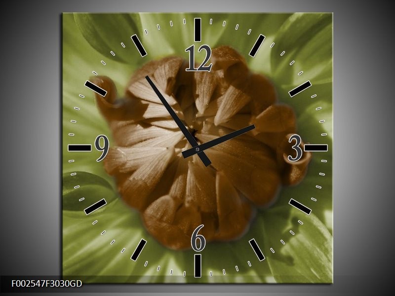 Wandklok op Glas Bloem | Kleur: Groen, Bruin, Wit | F002547CGD