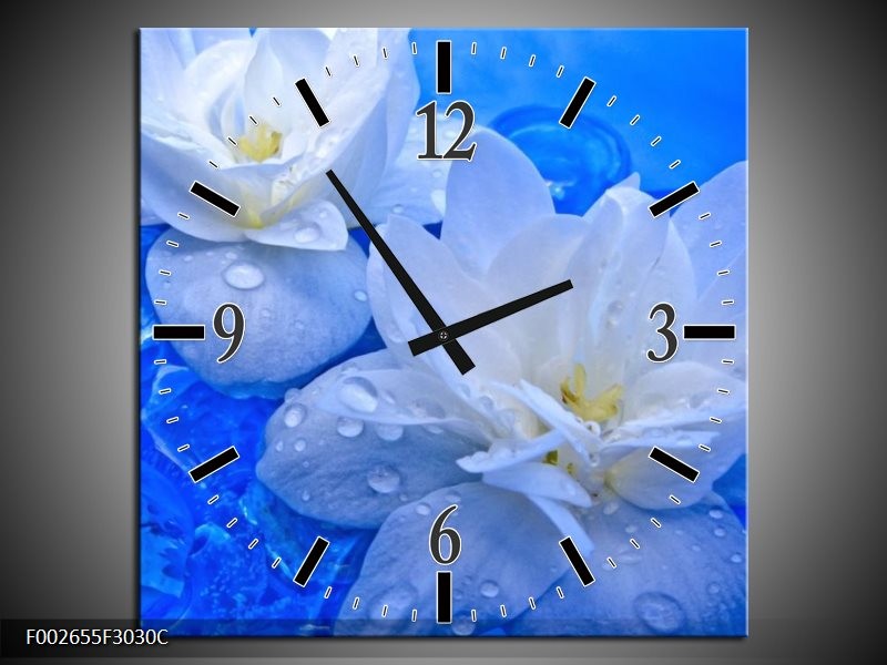 Wandklok op Canvas Bloem | Kleur: Wit, Blauw | F002655C