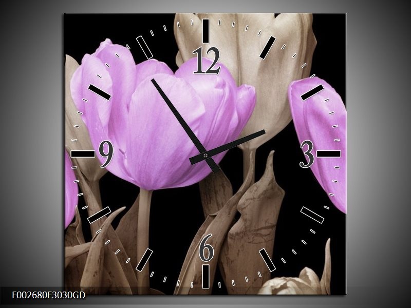 Wandklok op Glas Tulp | Kleur: Paars, Zwart, Grijs | F002680CGD