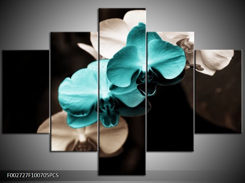 Canvas schilderij Orchidee | Blauw, Zwart, Grijs | 100x70cm 5Luik