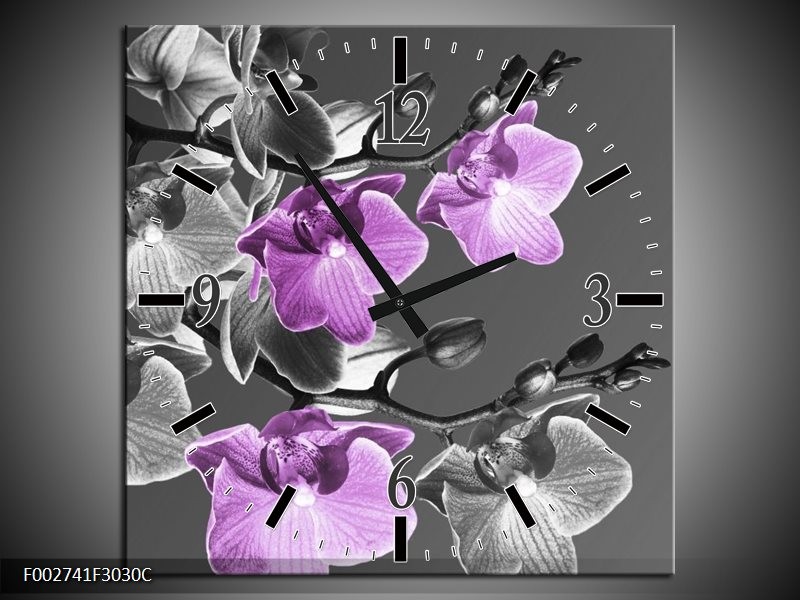 Wandklok op Canvas Orchidee | Kleur: Grijs, Paars, Zwart | F002741C