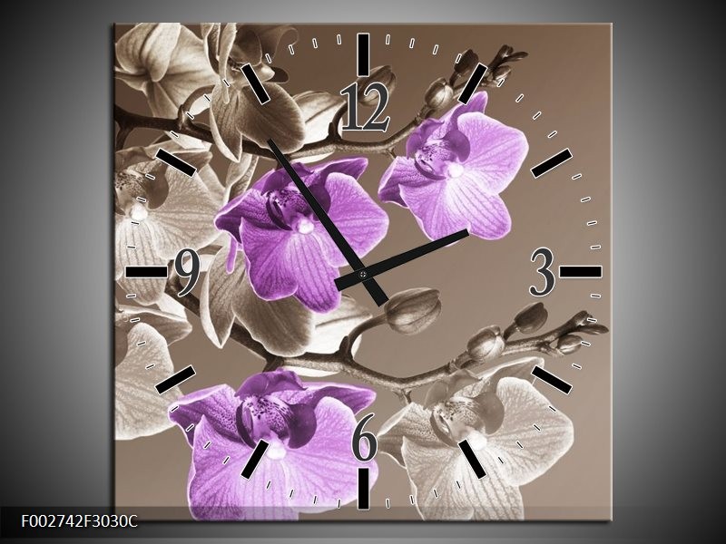 Wandklok op Canvas Orchidee | Kleur: Bruin, Paars | F002742C