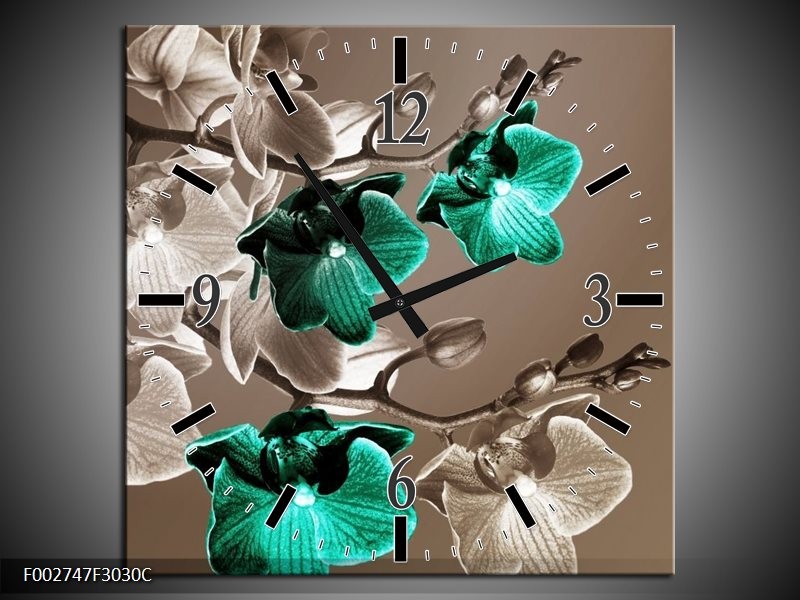 Wandklok op Canvas Orchidee | Kleur: Groen, Bruin, Grijs | F002747C