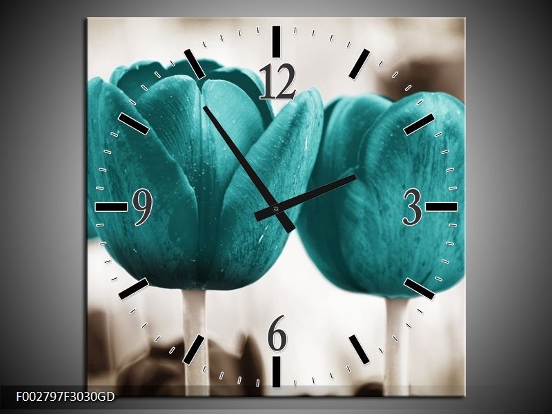 Wandklok op Glas Tulpen | Kleur: Blauw, Wit, Grijs | F002797CGD
