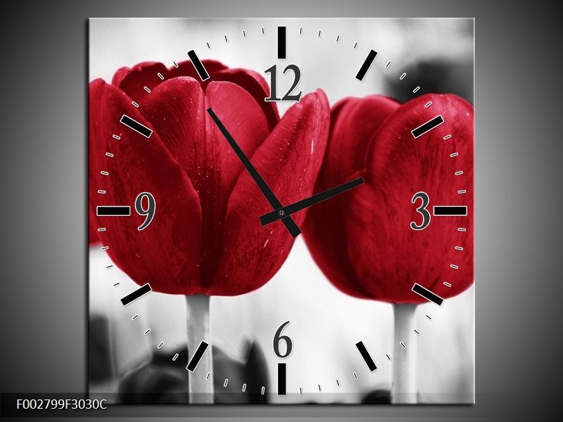 Wandklok op Canvas Tulpen | Kleur: Rood, Wit, Grijs | F002799C