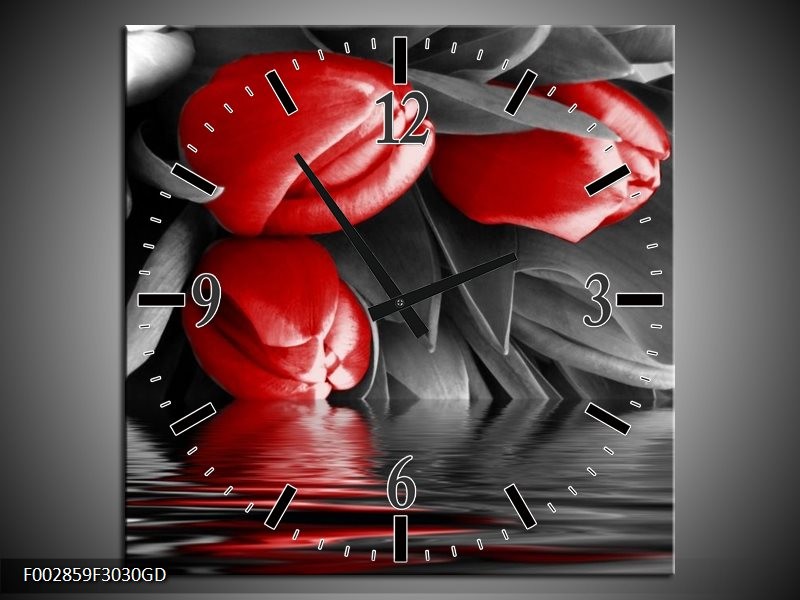 Wandklok op Glas Tulpen | Kleur: Rood, Grijs, Zwart | F002859CGD