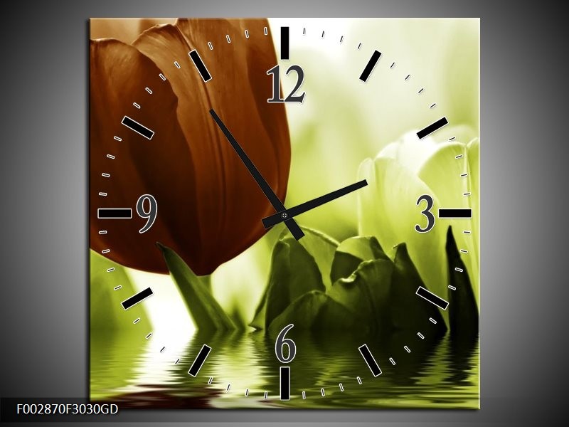 Wandklok op Glas Tulpen | Kleur: Groen, Bruin | F002870CGD