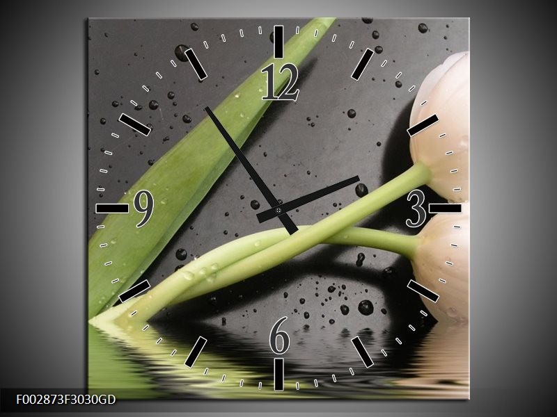 Wandklok op Glas Tulpen | Kleur: Wit, Groen, Grijs | F002873CGD