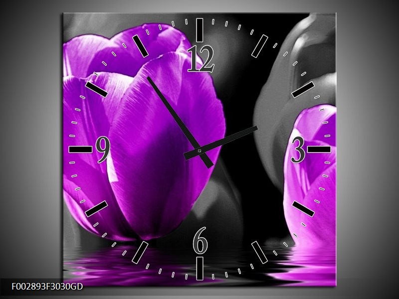 Wandklok op Glas Tulpen | Kleur: Paars, Zwart, Grijs | F002893CGD