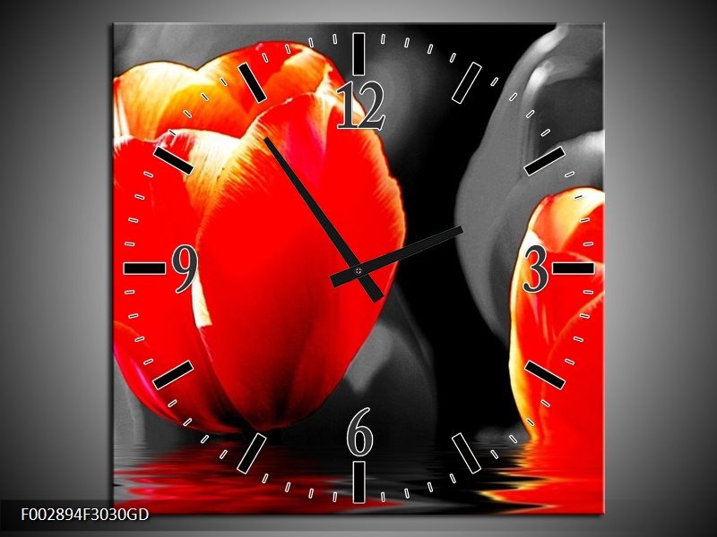 Wandklok op Glas Tulpen | Kleur: Rood, Zwart, Grijs | F002894CGD