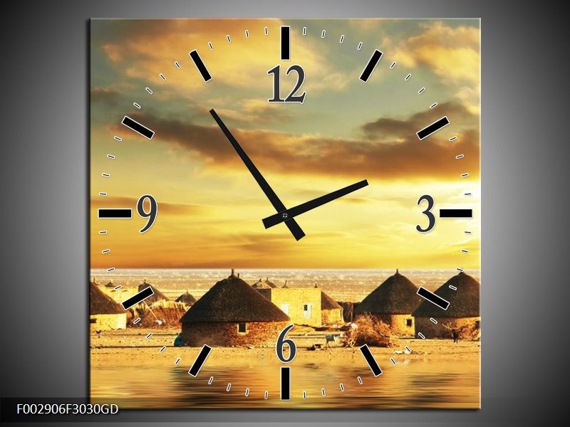 Wandklok op Glas Dorp | Kleur: Geel, Bruin, Grijs | F002906CGD