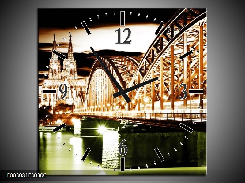 Wandklok op Canvas Brug | Kleur: Bruin, Groen, Wit | F003081C