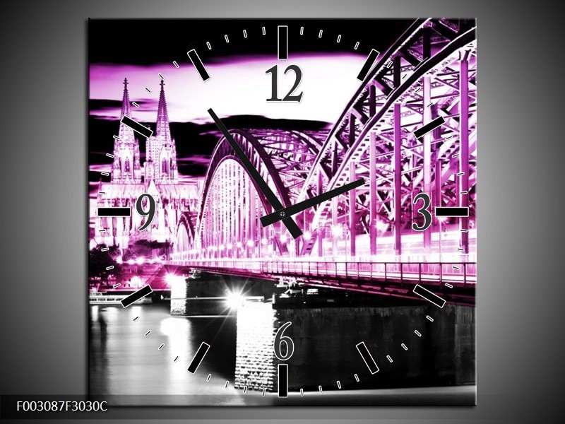 Wandklok op Canvas Brug | Kleur: Paars, Zwart, Grijs | F003087C