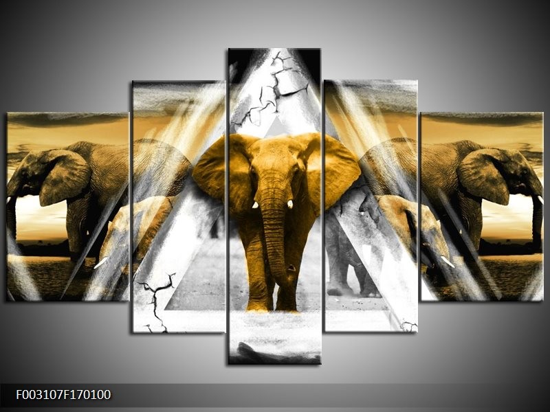 Canvas schilderij Olifant | Geel, Wit, Grijs | 170x100cm 5Luik