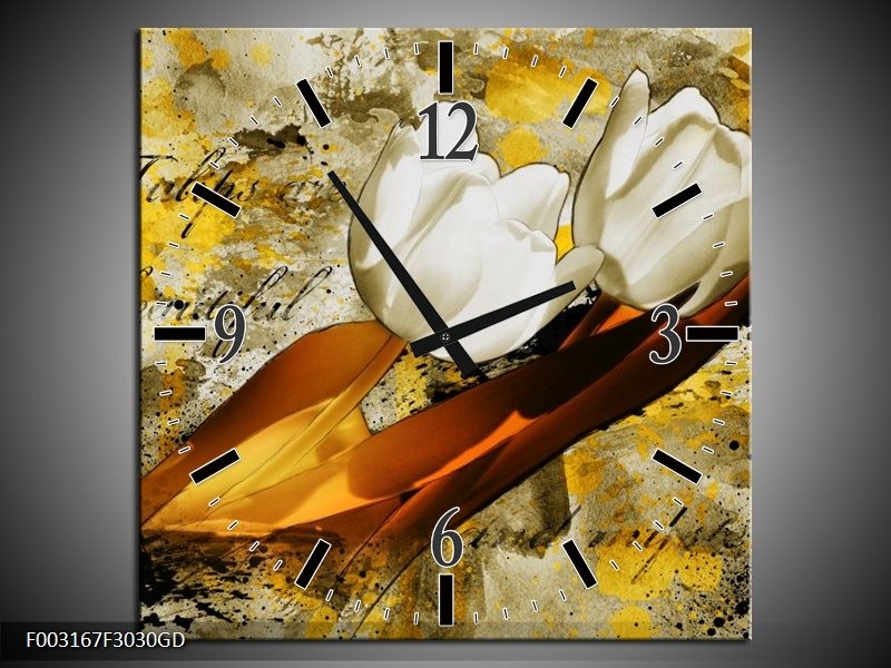Wandklok op Glas Tulpen | Kleur: Wit, Bruin, Geel | F003167CGD