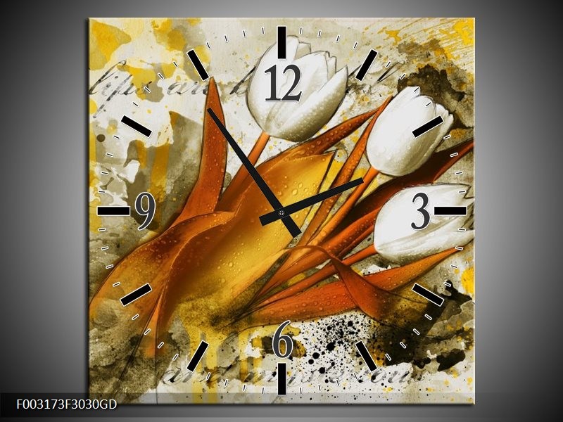 Wandklok op Glas Tulpen | Kleur: Wit, Bruin, Geel | F003173CGD