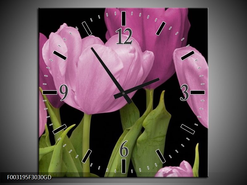 Wandklok op Glas Tulpen | Kleur: Paars, Groen, Zwart | F003195CGD
