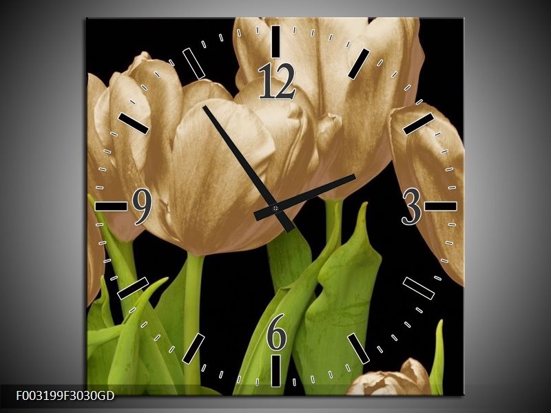 Wandklok op Glas Tulpen | Kleur: Goud, Groen, Zwart | F003199CGD