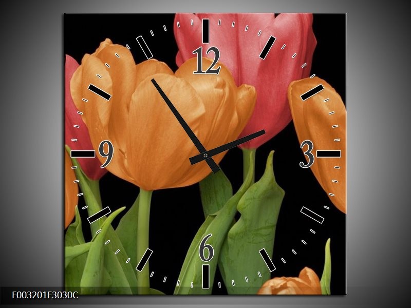 Wandklok op Canvas Tulpen | Kleur: Oranje, Rood, Groen | F003201C