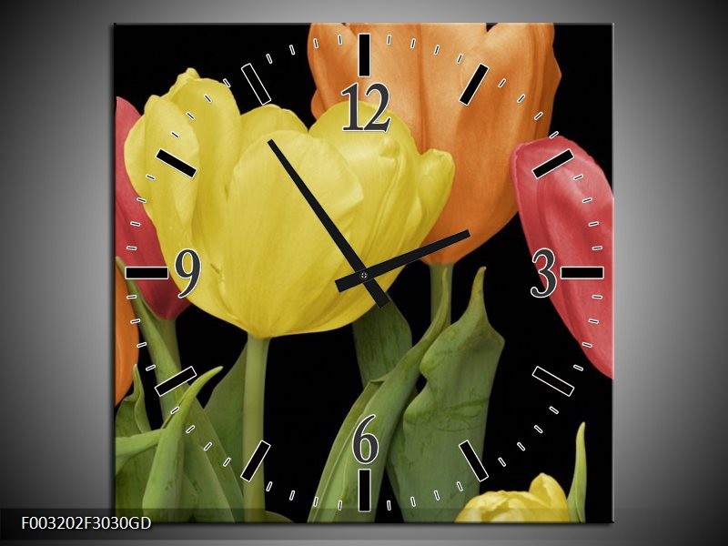 Wandklok op Glas Tulpen | Kleur: Geel, Oranje, Rood | F003202CGD