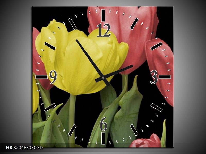 Wandklok op Glas Tulpen | Kleur: Geel, Rood, Zwart | F003204CGD