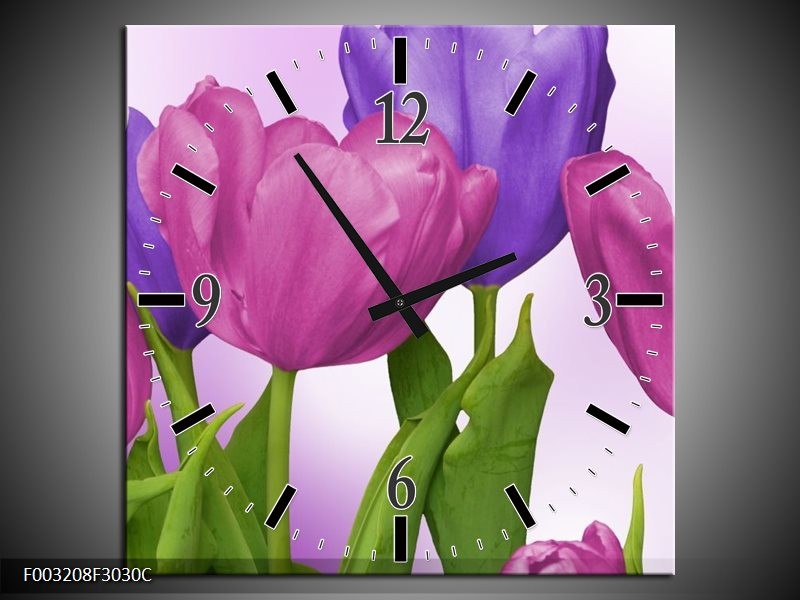 Wandklok op Canvas Tulpen | Kleur: Paars, Roze, Groen | F003208C