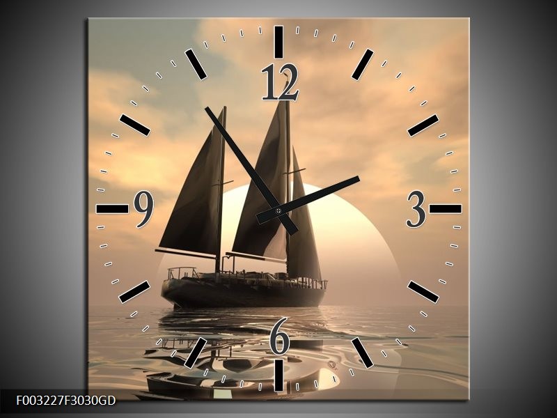 Wandklok op Glas Zeilboot | Kleur: Wit, Grijs, Bruin | F003227CGD