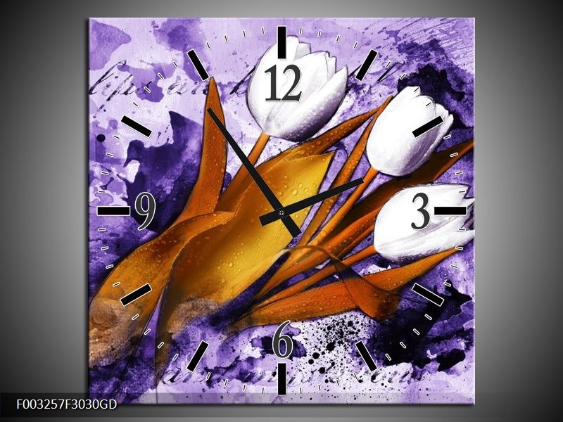 Wandklok op Glas Tulpen | Kleur: Paars, Bruin, Wit | F003257CGD