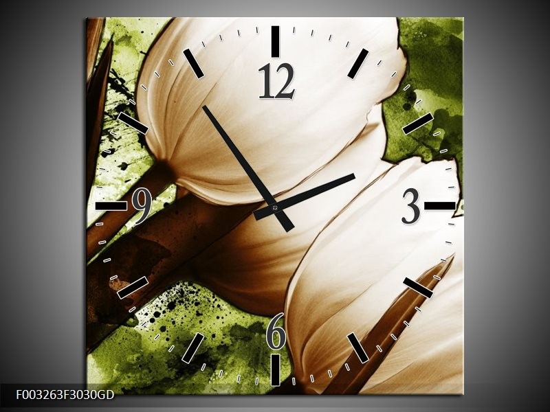 Wandklok op Glas Tulpen | Kleur: Groen, Wit, Bruin | F003263CGD