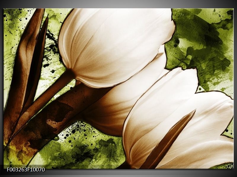 Glas schilderij Tulpen | Groen, Wit, Bruin