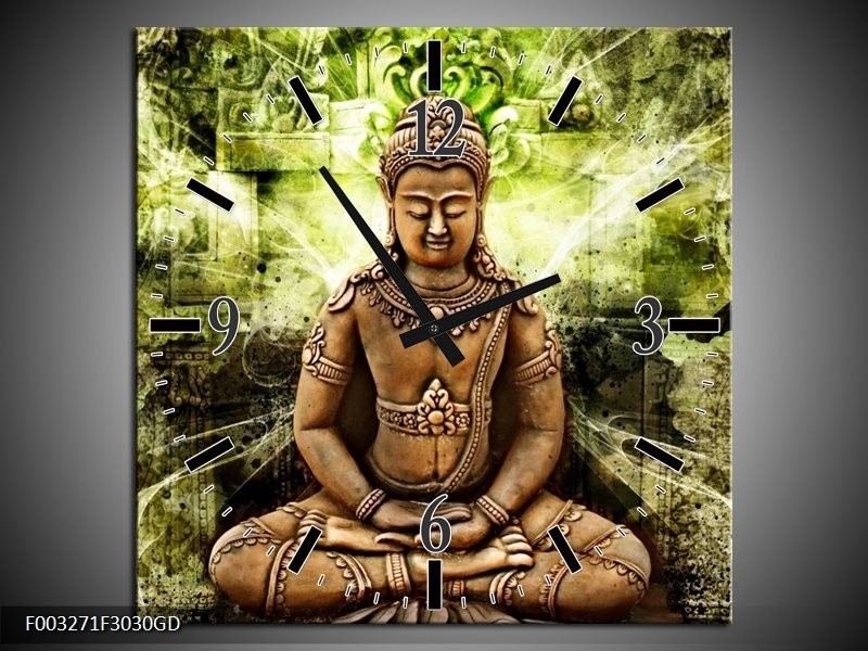 Wandklok op Glas Boeddha | Kleur: Groen, Bruin | F003271CGD