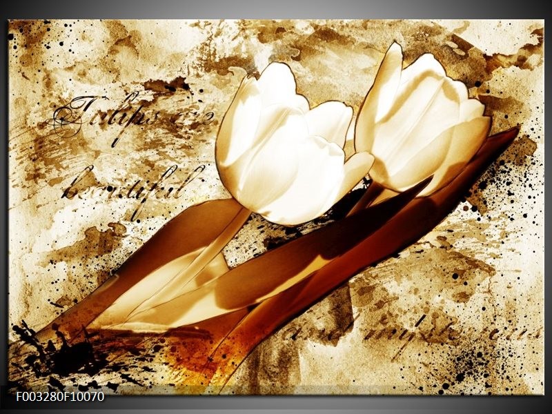 Glas schilderij Tulpen | Bruin, Wit