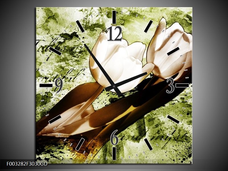 Wandklok op Glas Tulpen | Kleur: Groen, Bruin, Wit | F003282CGD