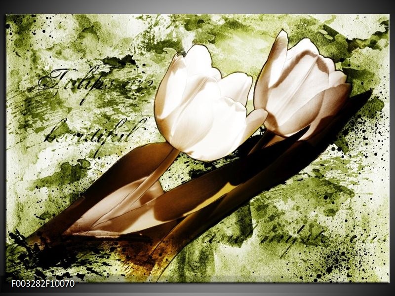 Glas schilderij Tulpen | Groen, Bruin, Wit