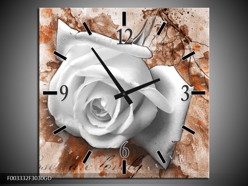 Wandklok op Glas Roos | Kleur: Wit, Bruin | F003332CGD