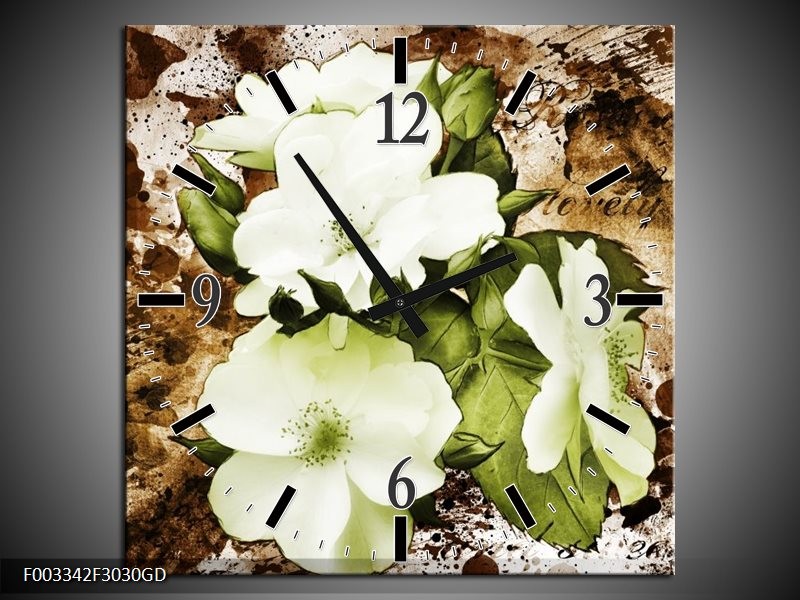 Wandklok op Glas Bloem | Kleur: Bruin, Groen, Zwart | F003342CGD