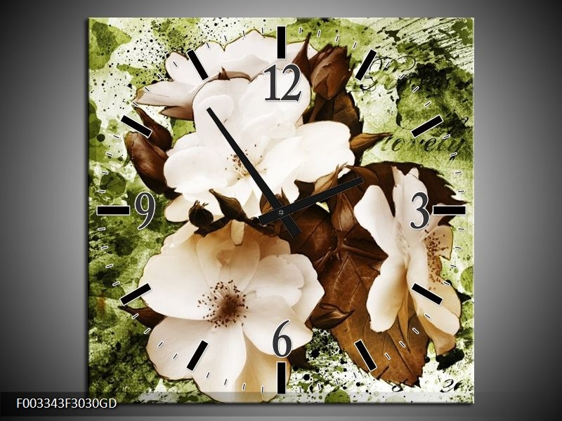 Wandklok op Glas Bloem | Kleur: Bruin, Groen, Zwart | F003343CGD