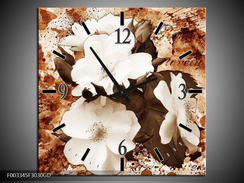 Wandklok op Glas Bloem | Kleur: Bruin, Wit, Sepia | F003345CGD