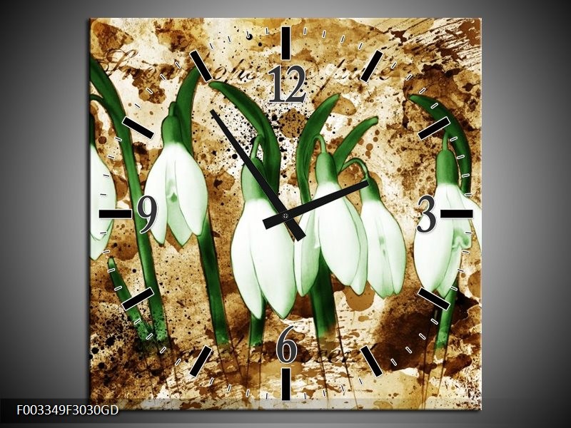 Wandklok op Glas Bloem | Kleur: Groen, Bruin, Wit | F003349CGD