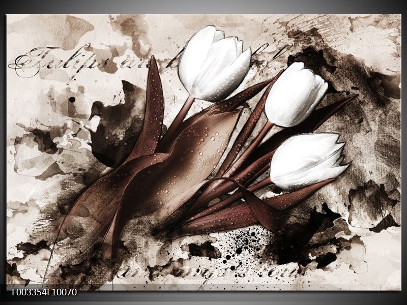 Glas schilderij Tulpen | Bruin, Zwart, Wit