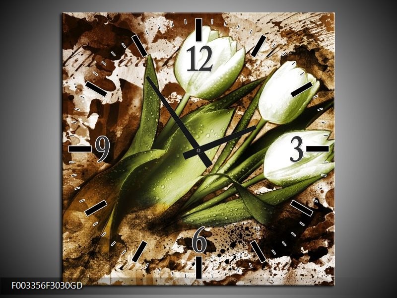 Wandklok op Glas Tulpen | Kleur: Groen, Bruin, Wit | F003356CGD