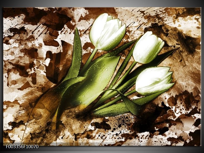 Glas schilderij Tulpen | Groen, Bruin, Wit