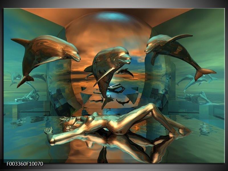 Foto canvas schilderij Dolfijn | Blauw, Goud, Bruin