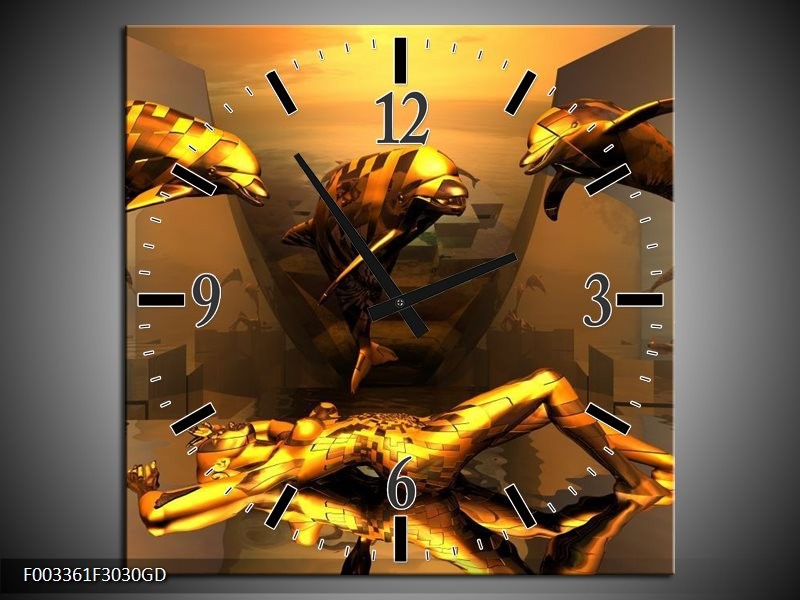 Wandklok op Glas Dolfijn | Kleur: Goud, Geel, Bruin | F003361CGD