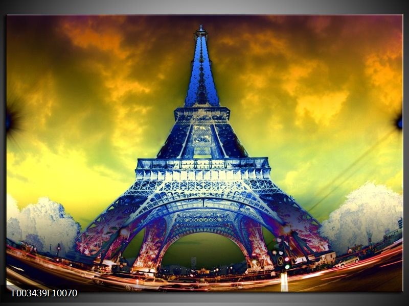 Glas schilderij Eiffeltoren | Blauw, Geel, Grijs