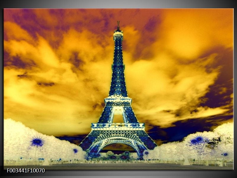 Glas schilderij Eiffeltoren | Blauw, Geel, Grijs